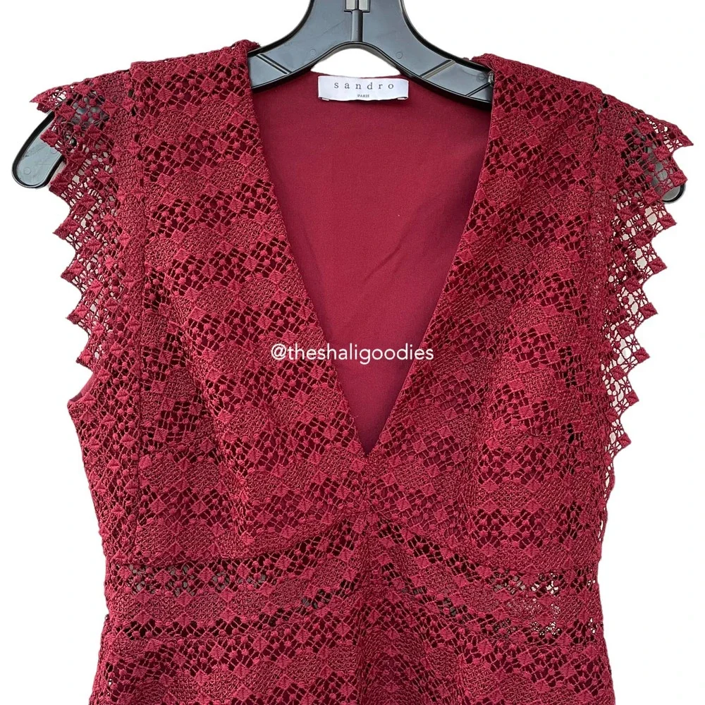 NEW SANDRO Lindsey Dress Red Lace V Neck Geometric - Picture 5 of 8
